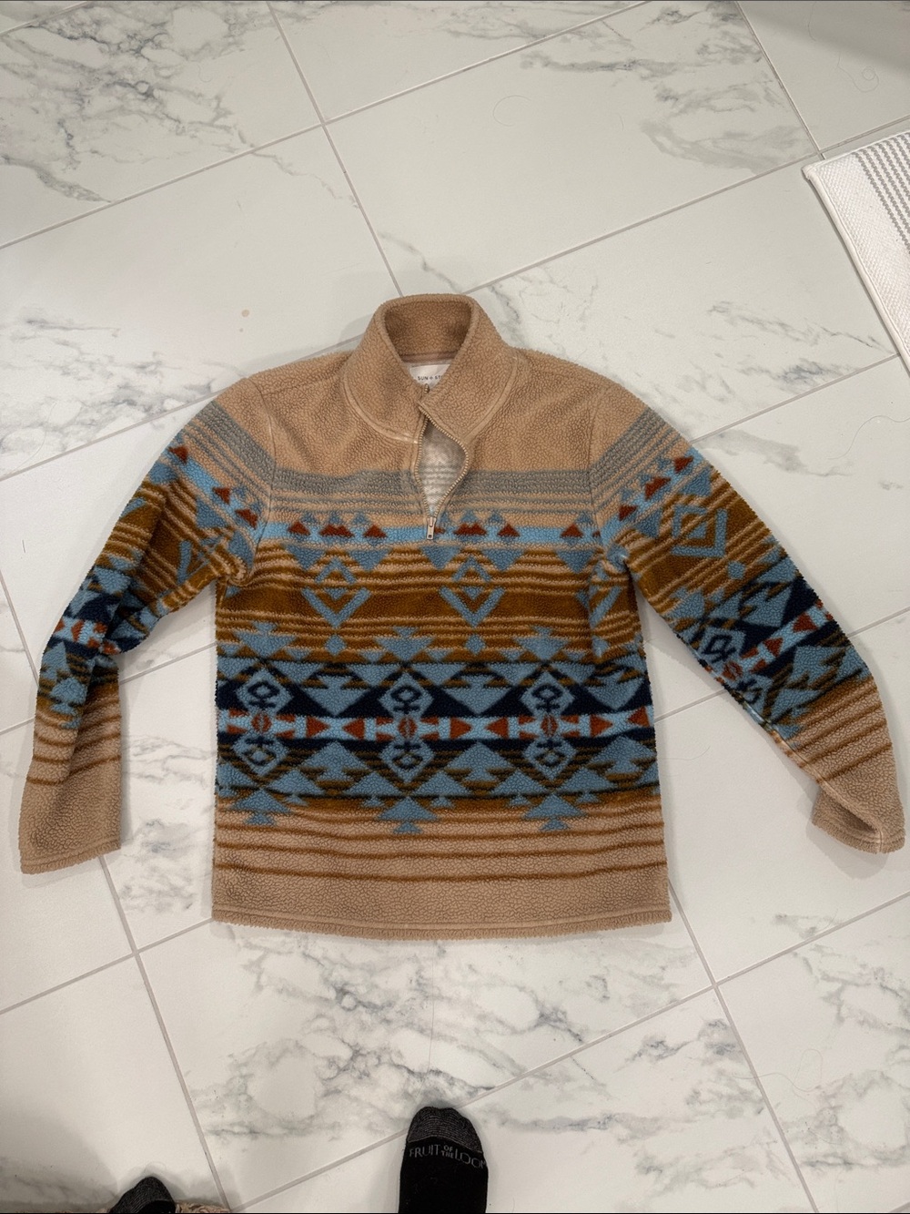 Aztec Knit Zip-Up Pullover Sweater in Tan and Blue